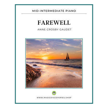 Piano music sheet cover for 'Farewell' by Anne Crosby Gaudet with a beach sunset scene.