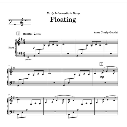 Floating, early intermediate harp solo by Anne Crosby Gaudet