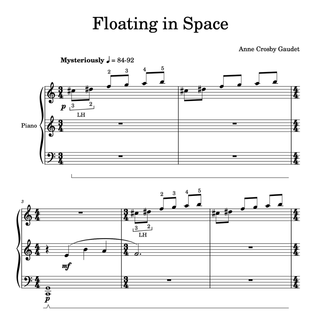 Floating In Space is an elementary piano solo by Anne Crosby Gaudet