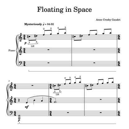 Floating In Space is an elementary piano solo by Anne Crosby Gaudet