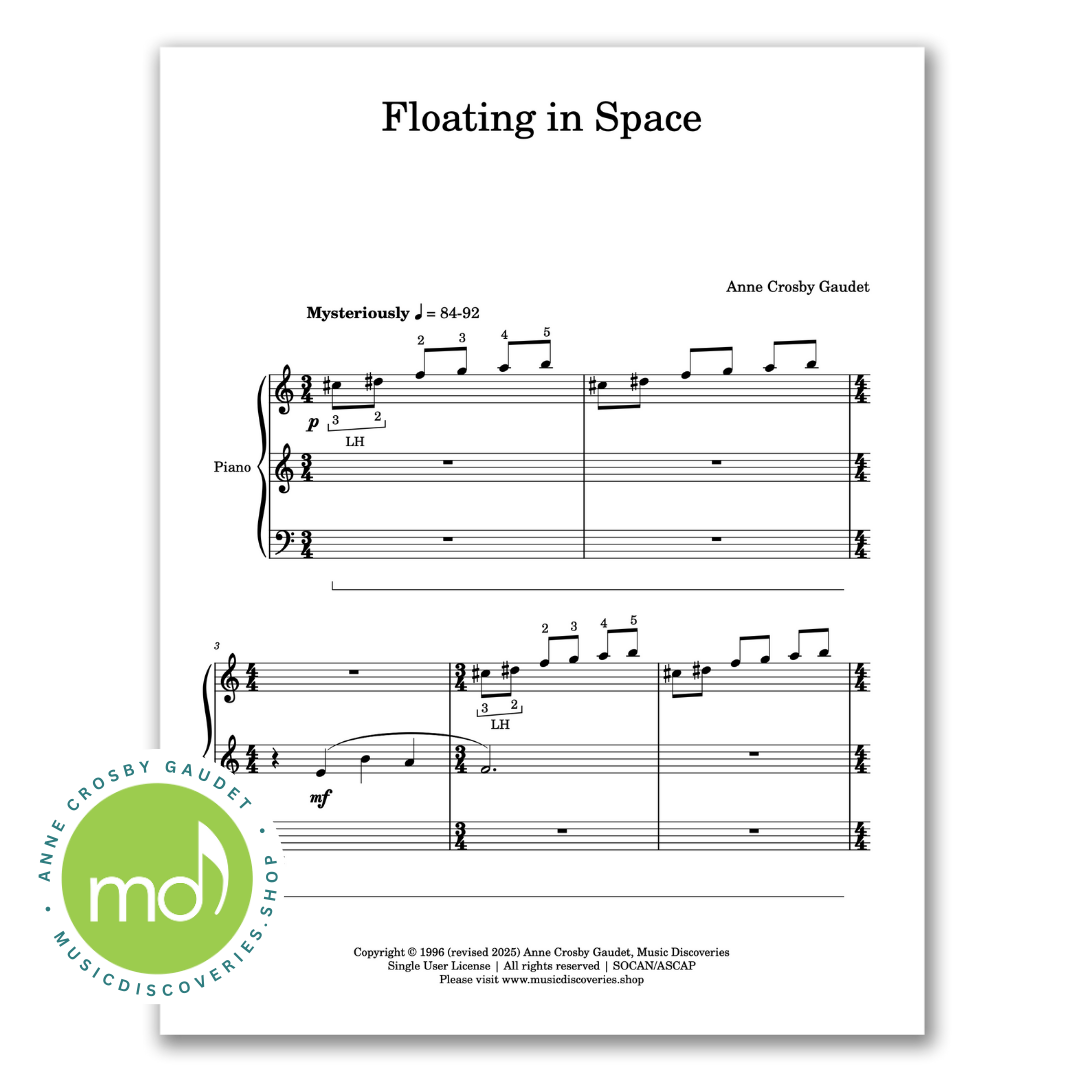 Floating In Space is an elementary piano solo by Anne Crosby Gaudet