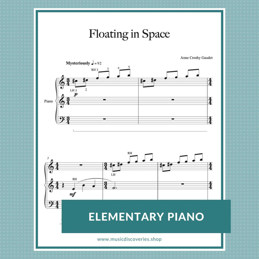 Floating In Space is an elementary piano solo by Anne Crosby Gaudet