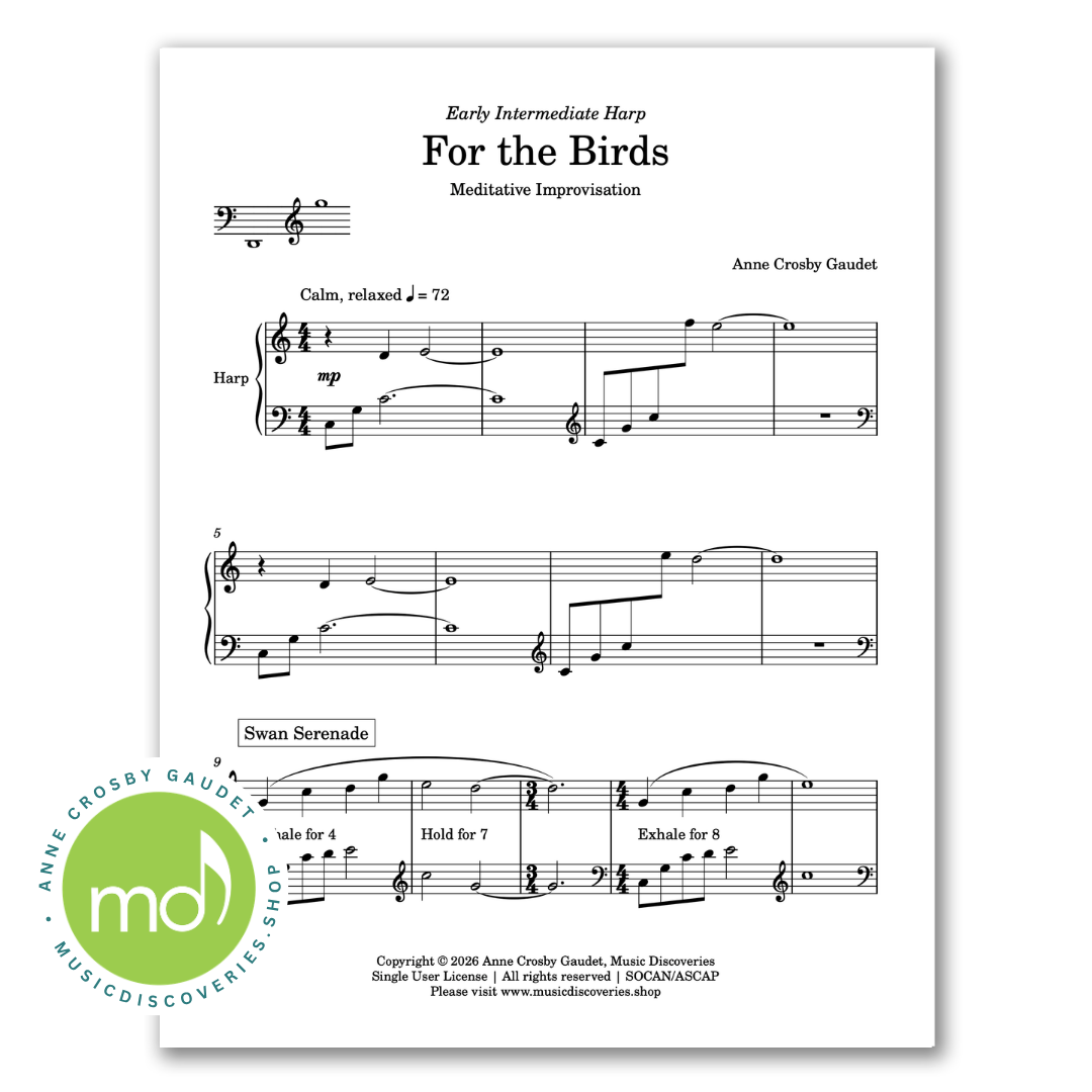 For the Birds Meditative Improvisation, harp sheet music by Anne Crosby Gaudet
