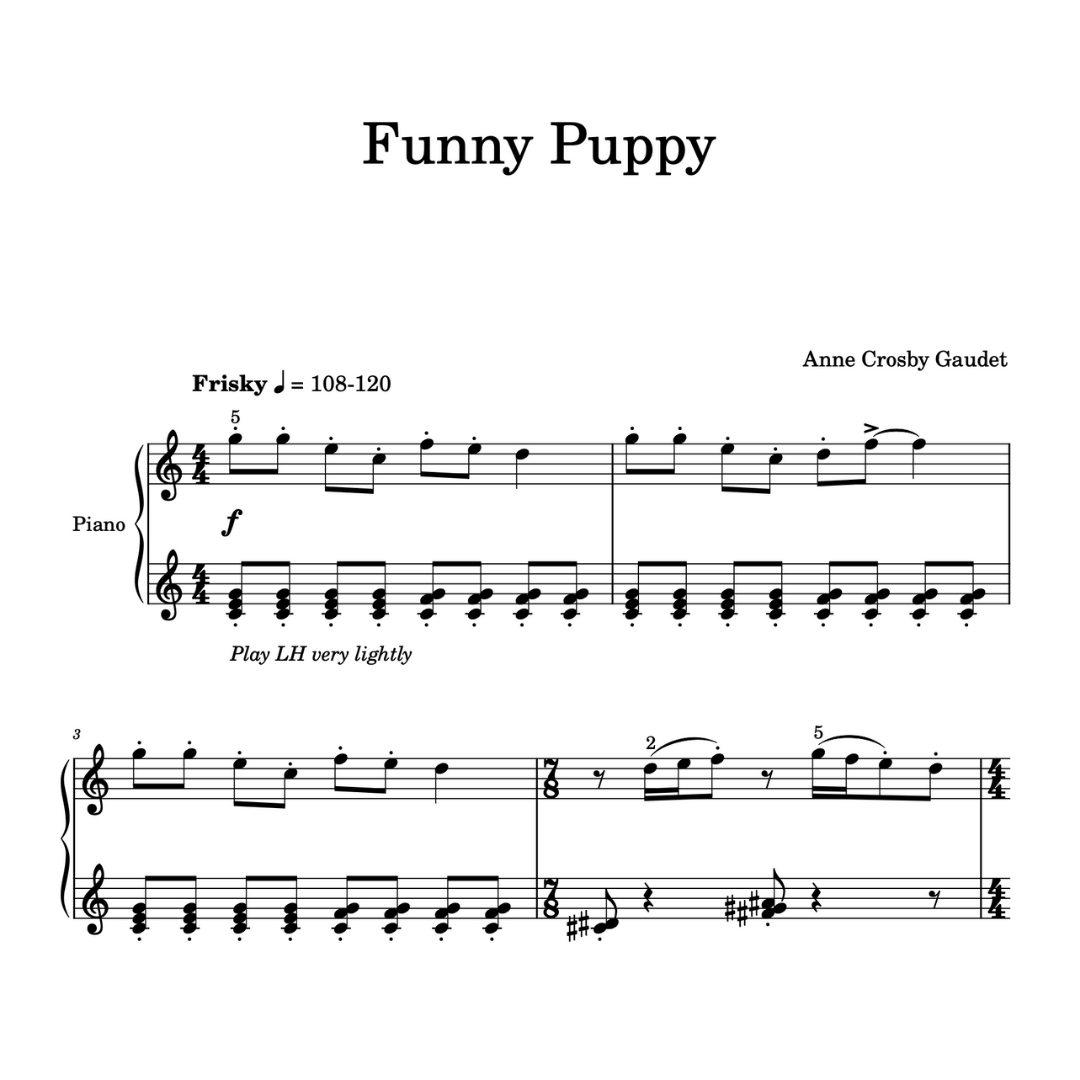 Funny Puppy is an early intermediate piano solo by Anne Crosby Gaudet