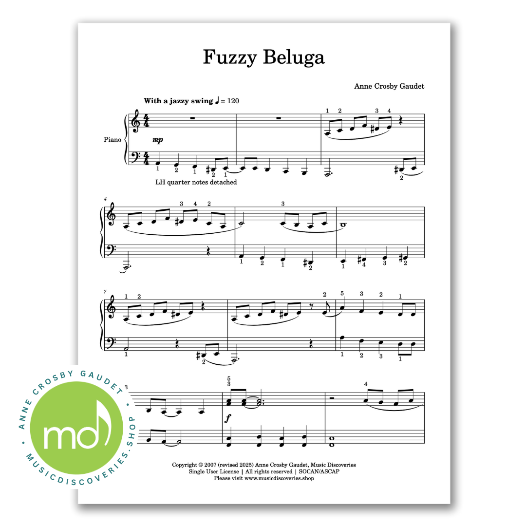 Fuzzy Beluga, early intermediate piano sheet music by Anne Crosby Gaudet