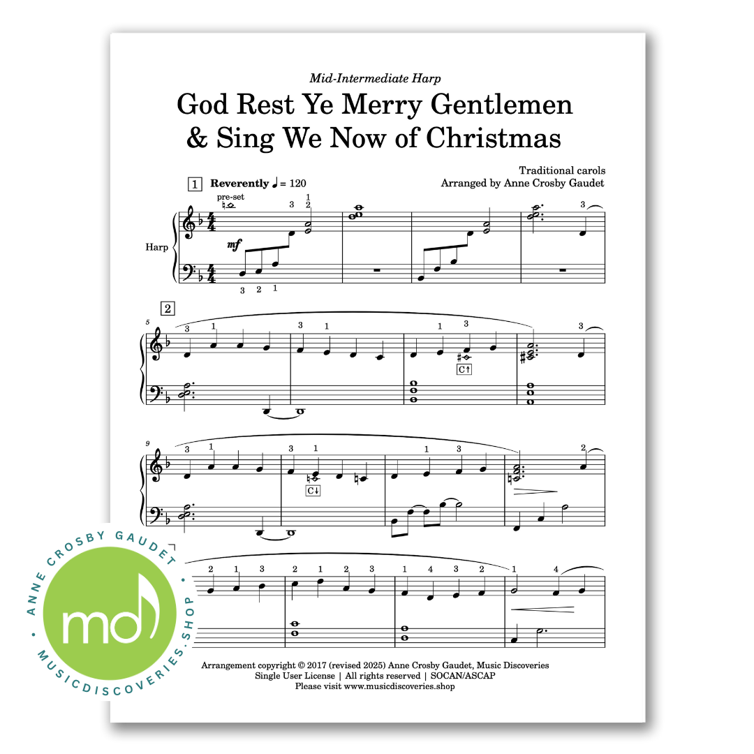 God Rest Ye Merry Gentlemen & Sing We Now of Christmas, arranged for mid-intermediate harp by Anne Crosby Gaudet
