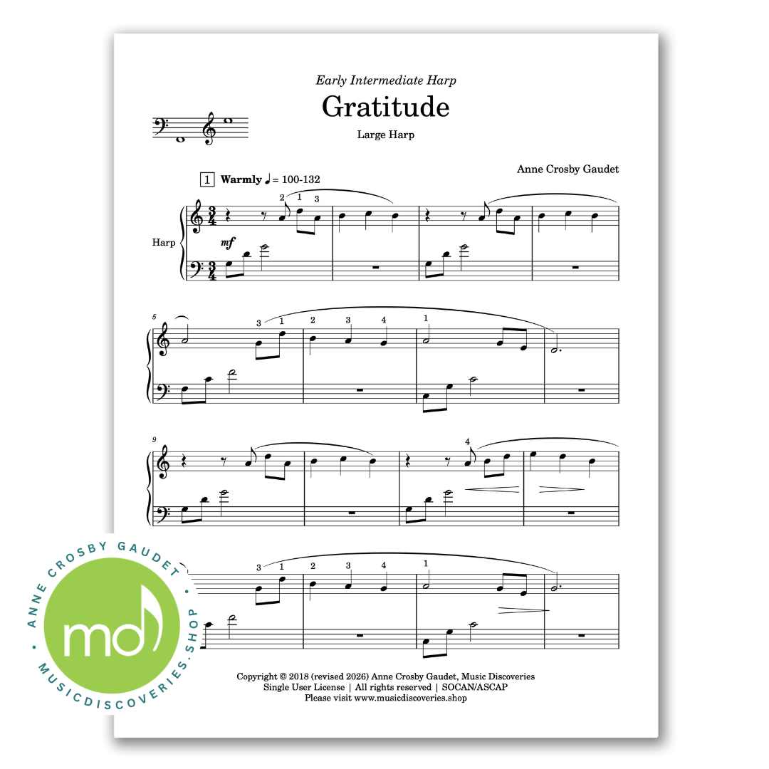 Gratitude, large harp sheet music by Anne Crosby Gaudet