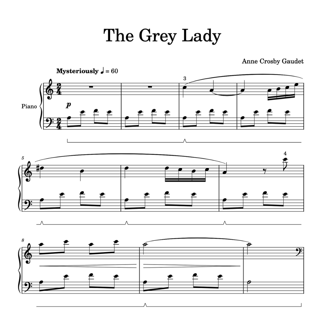 The Grey Lady, early intermediate piano sheet music by Anne Crosby Gaudet