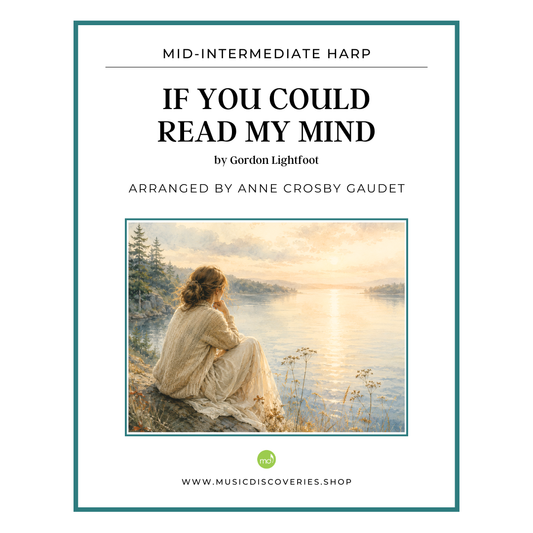 Music sheet cover for 'If You Could Read My Mind' by Gordon Lightfoot, arranged by Anne Crosby Gaudet, with a scenic image of a woman sitting by a lake.