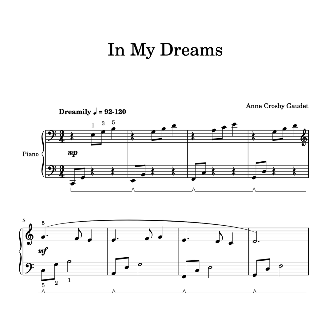 In My Dreams is an early intermediate piano solo by Anne Crosby Gaudet