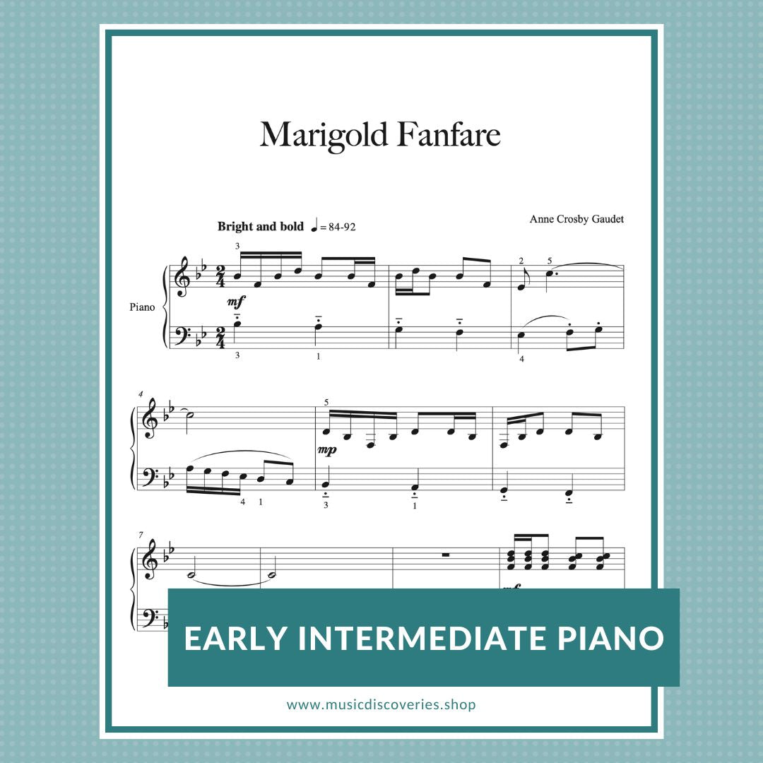 Marigold Fanfare, early intermediate piano sheet music by Anne Crosby Gaudet