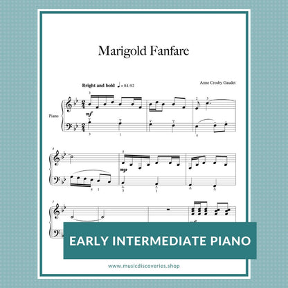 Marigold Fanfare, early intermediate piano sheet music by Anne Crosby Gaudet