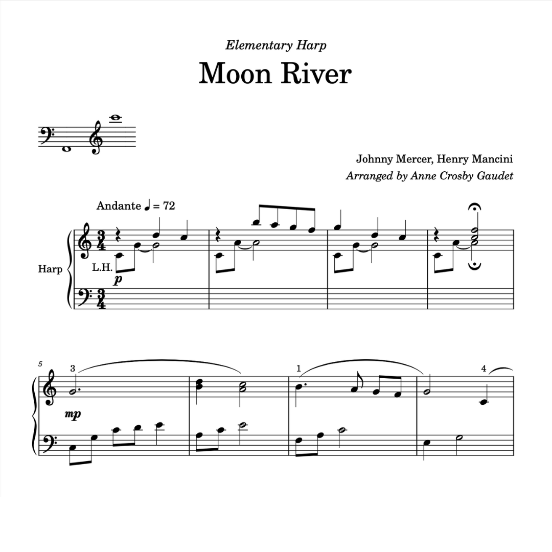 Moon River, harp sheet music arranged by Anne Crosby Gaudet