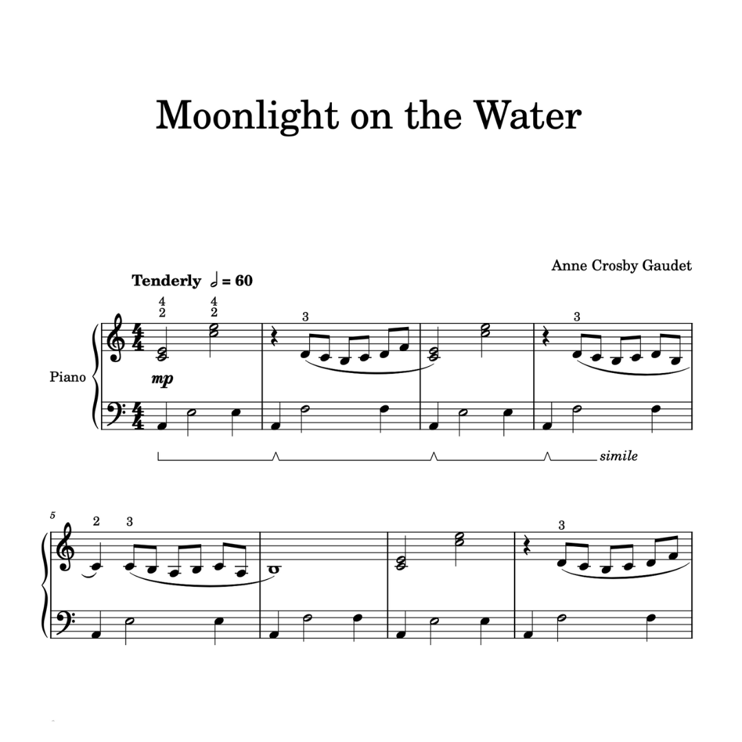 Moonlight on the Water, elementary piano solo by Anne Crosby Gaudet