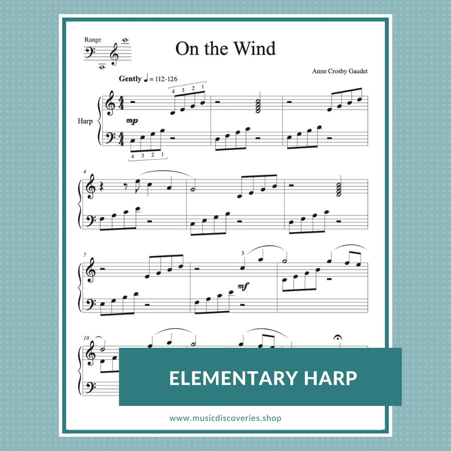 On the Wind, elementary harp sheet music by Anne Crosby Gaudet