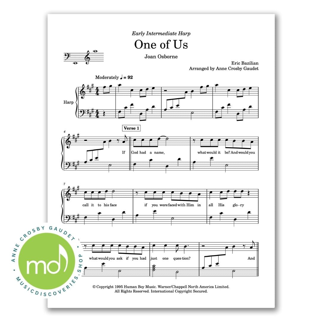 Sheet music for the song 'One of Us' by Joan Osborne, arranged by Annie Crossley Gaudet, with musical notation and lyrics. The page is white with black print, and a green circular 'md' logo watermark appears in the lower-left corner.