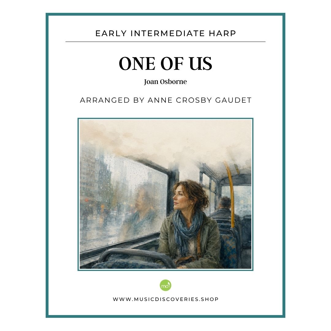 Sheet music cover for 'One of Us' by Joan Osborne, arranged by Anne Crosby Gaudet, under the Early Intermediate Harp category. The cover features a white background with a teal border, black text, and a central watercolor painting of a woman in a bus.