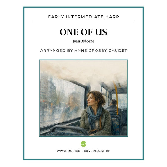 Sheet music cover for 'One of Us' by Joan Osborne, arranged by Anne Crosby Gaudet, under the Early Intermediate Harp category. The cover features a white background with a teal border, black text, and a central watercolor painting of a woman in a bus.