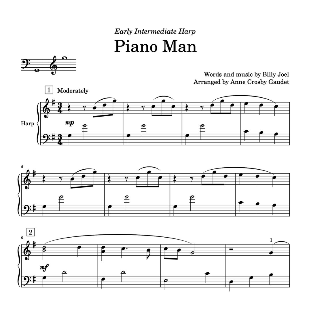 Piano Man (Billy Joel) arranged for early intermediate harp by Anne Crosby Gaudet