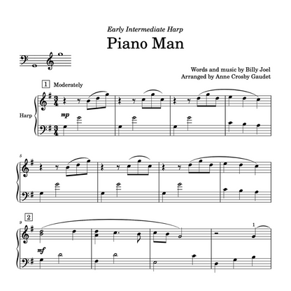 Piano Man (Billy Joel) arranged for early intermediate harp by Anne Crosby Gaudet