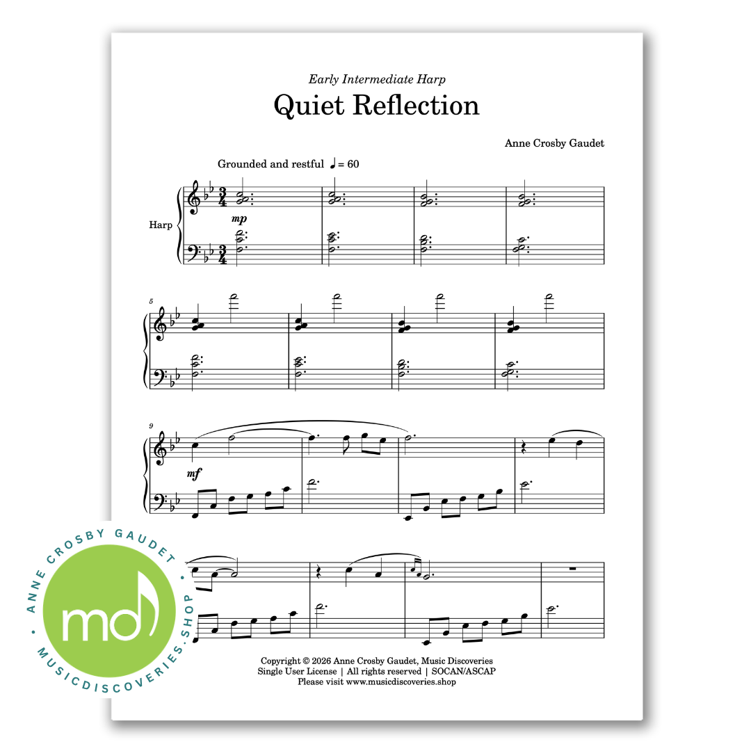 Sheet music titled 'Quiet Reflection' by Anne Crosby Gaudet, arranged for harp, shown on a white page with musical notation and a green circular 'Music Discoveries' logo at the bottom left.