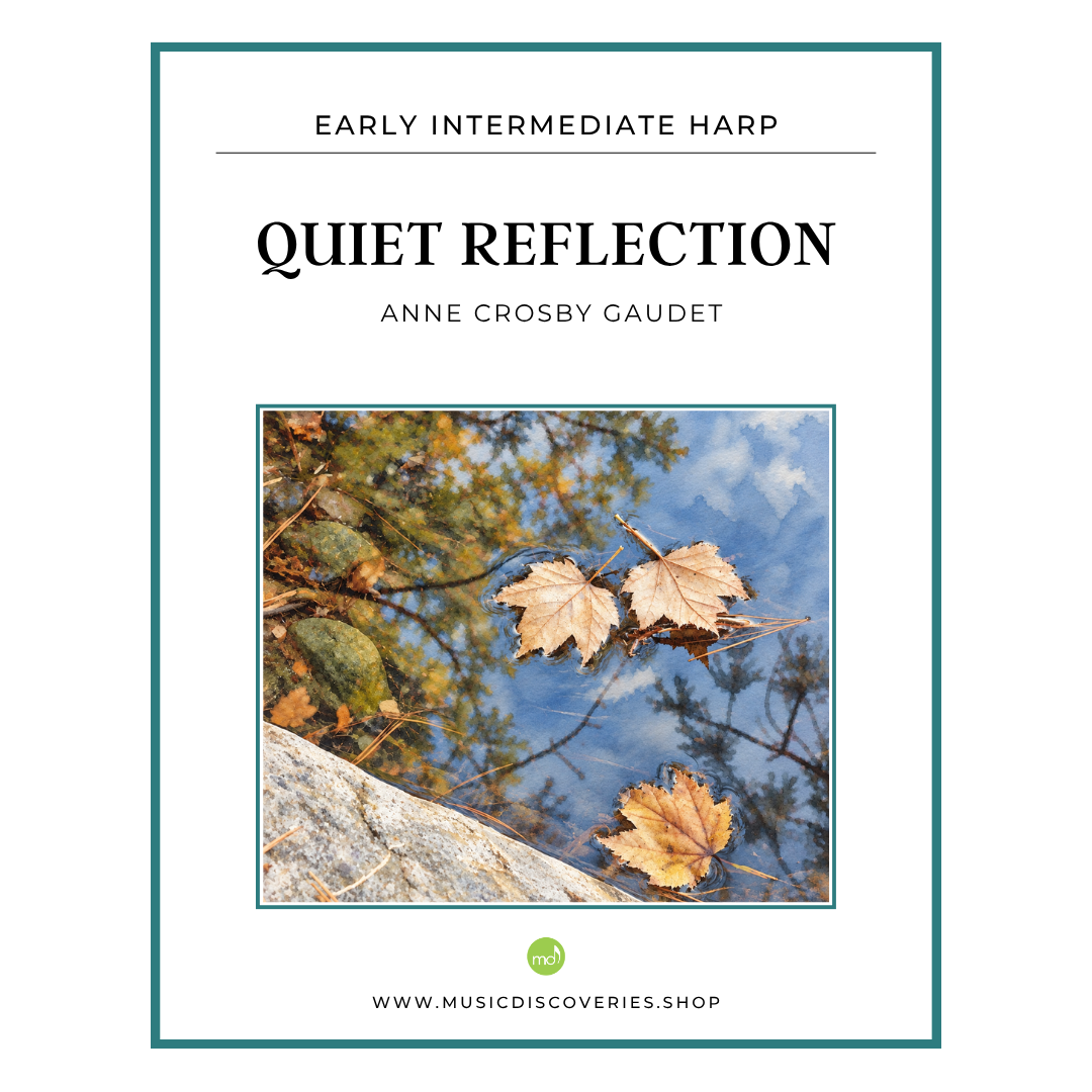 Sheet music cover for 'Quiet Reflection' by Anne Crosby Gaudet, categorized as Early Intermediate Harp. The cover features a white background with a thin teal border, black serif typography, and a central square photograph of autumn leaves reflected in water.