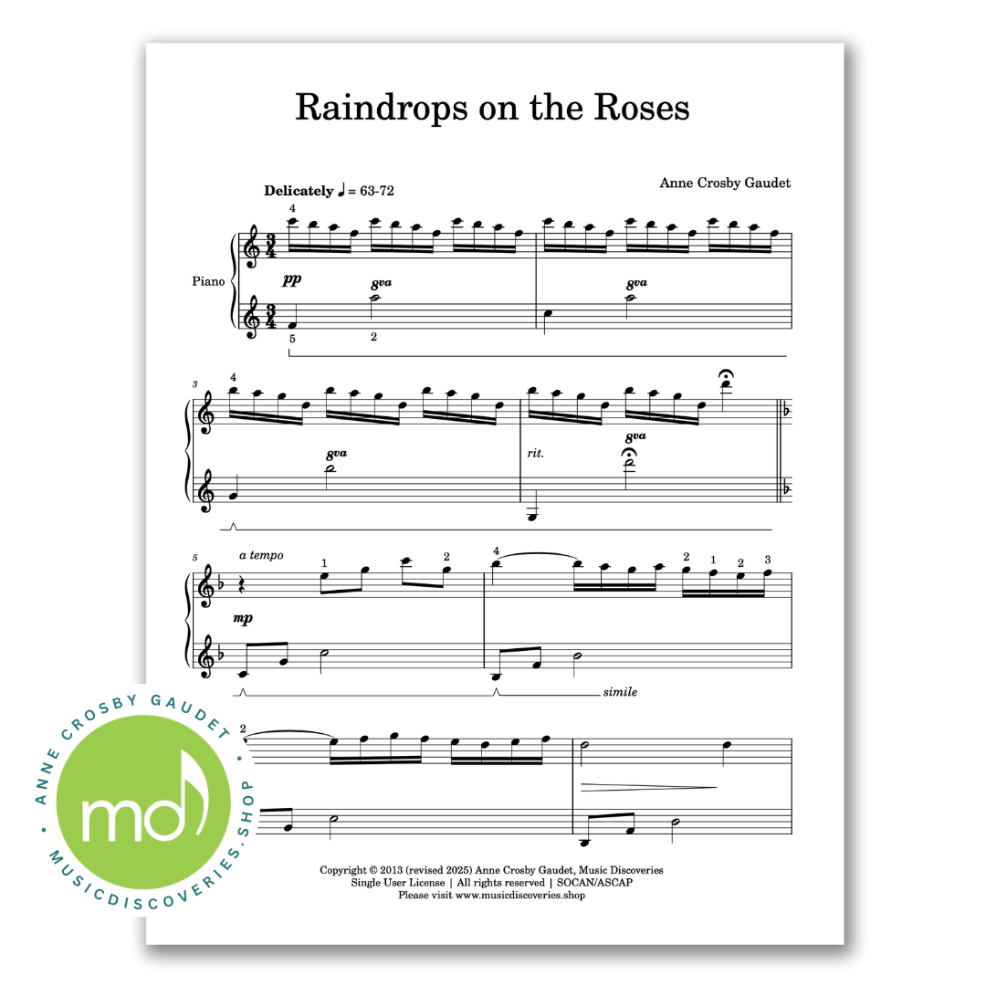 Raindrops on the Roses, mid-intermediate piano solo by Anne Crosby Gaudet