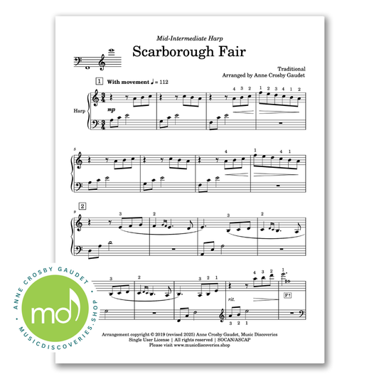 Scarborough Fair, mid-intermediate harp sheet music arranged by Anne Crosby Gaudet