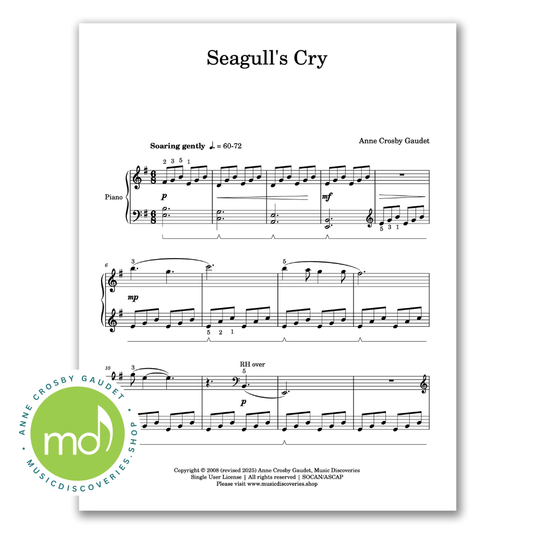 Seagull’s Cry is an early intermediate piano solo by Anne  Crosby Gaudet