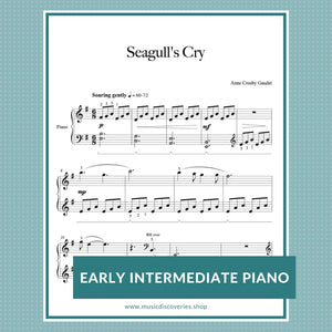 Seagull’s Cry is an early intermediate piano solo by Anne  Crosby Gaudet