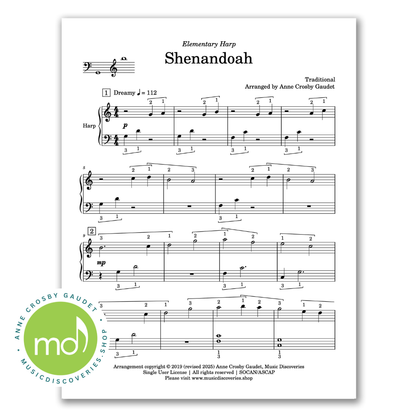 Shenandoah, elementary harp sheet music by Anne Crosby Gaudet