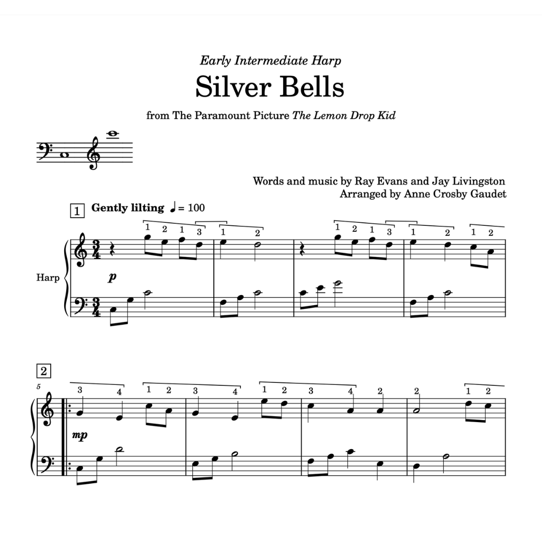 Silver Bells, harp sheet music arrangement by Anne Crosby Gaudet