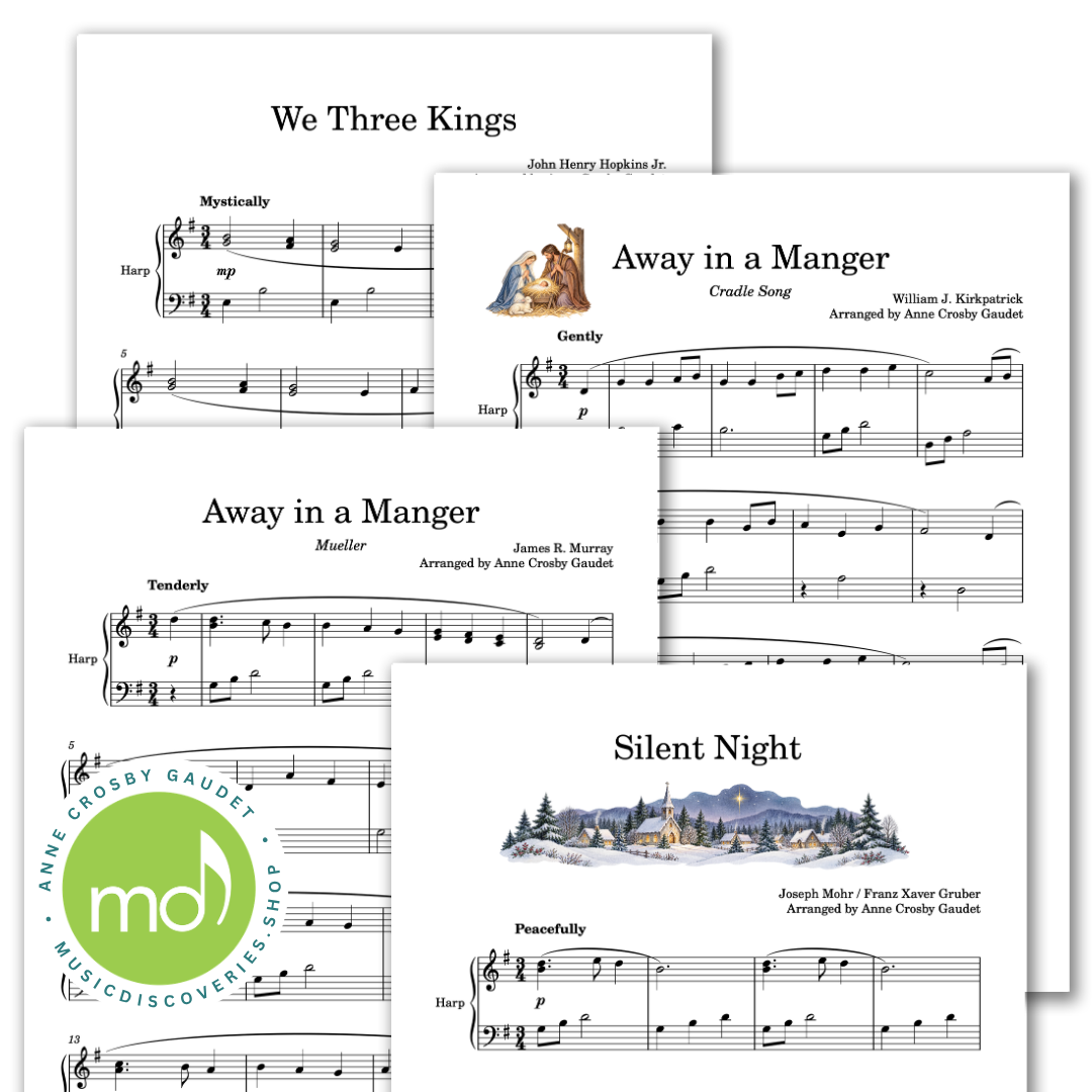 A collage of sheet music pages featuring hymns and songs, including 'We Three Kings,' 'Away in a Manger,' and 'Silent Night,' with musical notation and printed illustrations. A green circular logo for 'Anne Crosby Gauder Music Discoveries Shop' appears at the lower left.