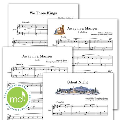 A collage of sheet music pages featuring hymns and songs, including 'We Three Kings,' 'Away in a Manger,' and 'Silent Night,' with musical notation and printed illustrations. A green circular logo for 'Anne Crosby Gauder Music Discoveries Shop' appears at the lower left.