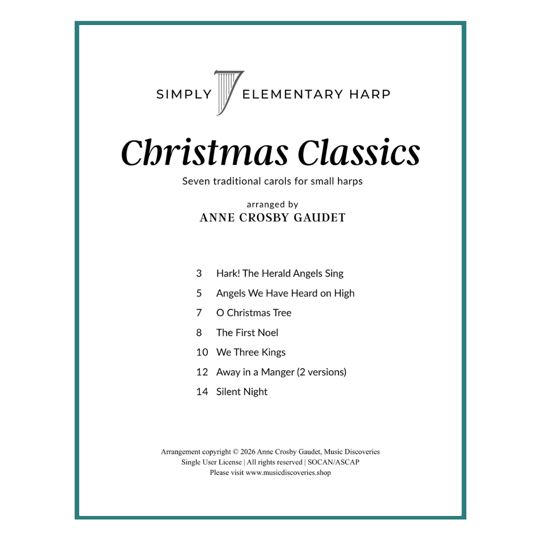 Sheet music cover for 'Simply  7 Christmas Classics' by Anne Crosby Gaudet, featuring a list of seven traditional carols arranged for small harps on a white background with a teal border.