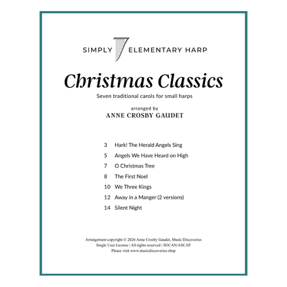 Sheet music cover for 'Simply  7 Christmas Classics' by Anne Crosby Gaudet, featuring a list of seven traditional carols arranged for small harps on a white background with a teal border.