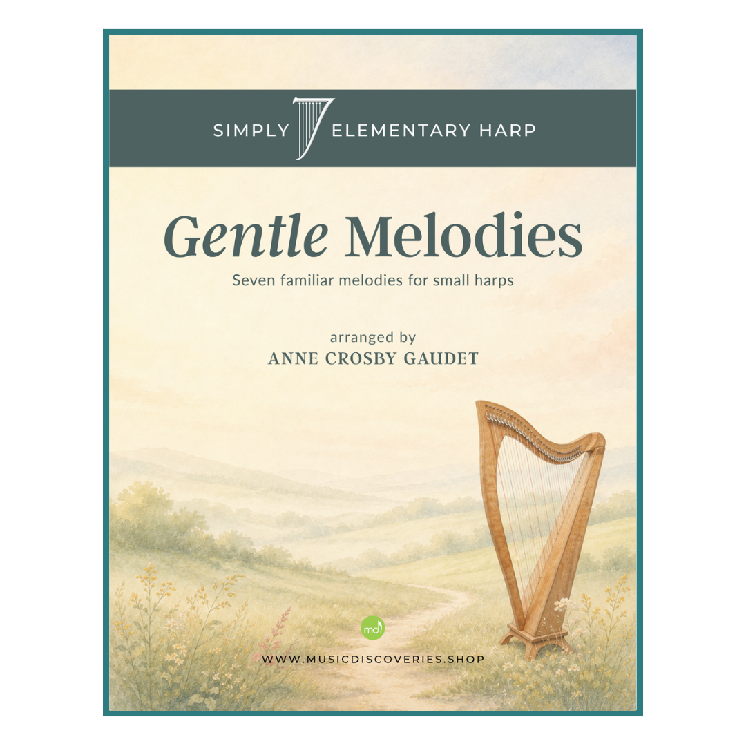 Front cover of the sheet music book 'Gentle Melodies' from Simply 7 Elementary Harp, arranged by Anne Crosby Gaudet. The cover features a soft pastel landscape illustration with a harp on the right side.