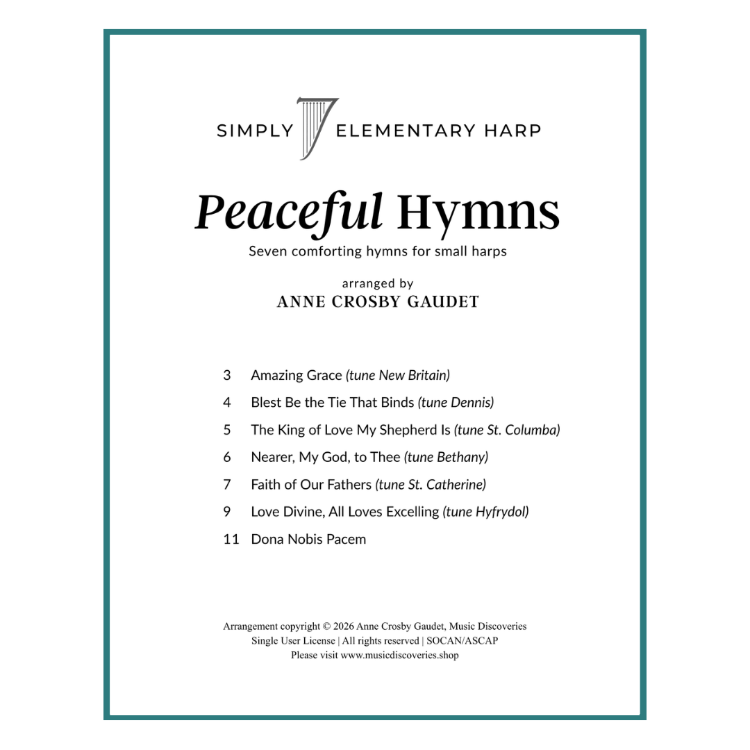 Sheet music cover for 'Simply 7 Peaceful Hymns' arranged by Anne Crosby Gaudet. The cover features a white background with a thin teal border, black serif text, and a small harp icon above the title.