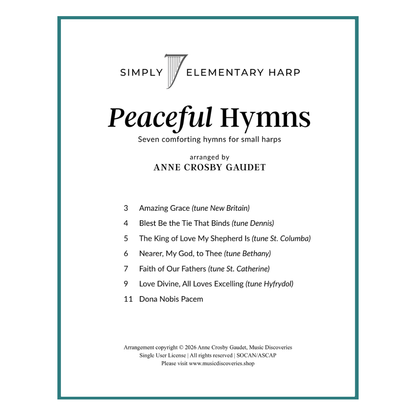 Sheet music cover for 'Simply 7 Peaceful Hymns' arranged by Anne Crosby Gaudet. The cover features a white background with a thin teal border, black serif text, and a small harp icon above the title.