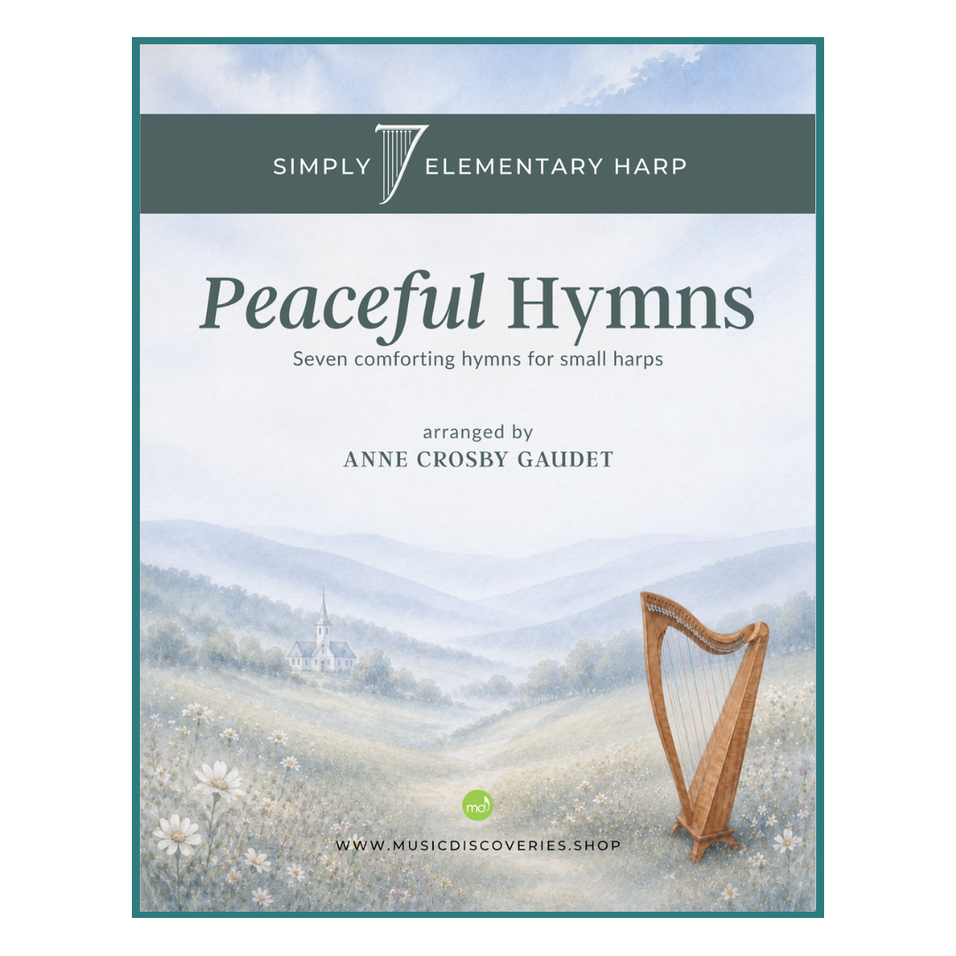 Sheet music cover for 'Peaceful Hymns' by Anne Crosby Gaudet, published under the Simply 7  Elementary Harp series. The cover features a scenic landscape illustration of a hilly field with a wooden harp in the foreground, set against a white background with a teal border.