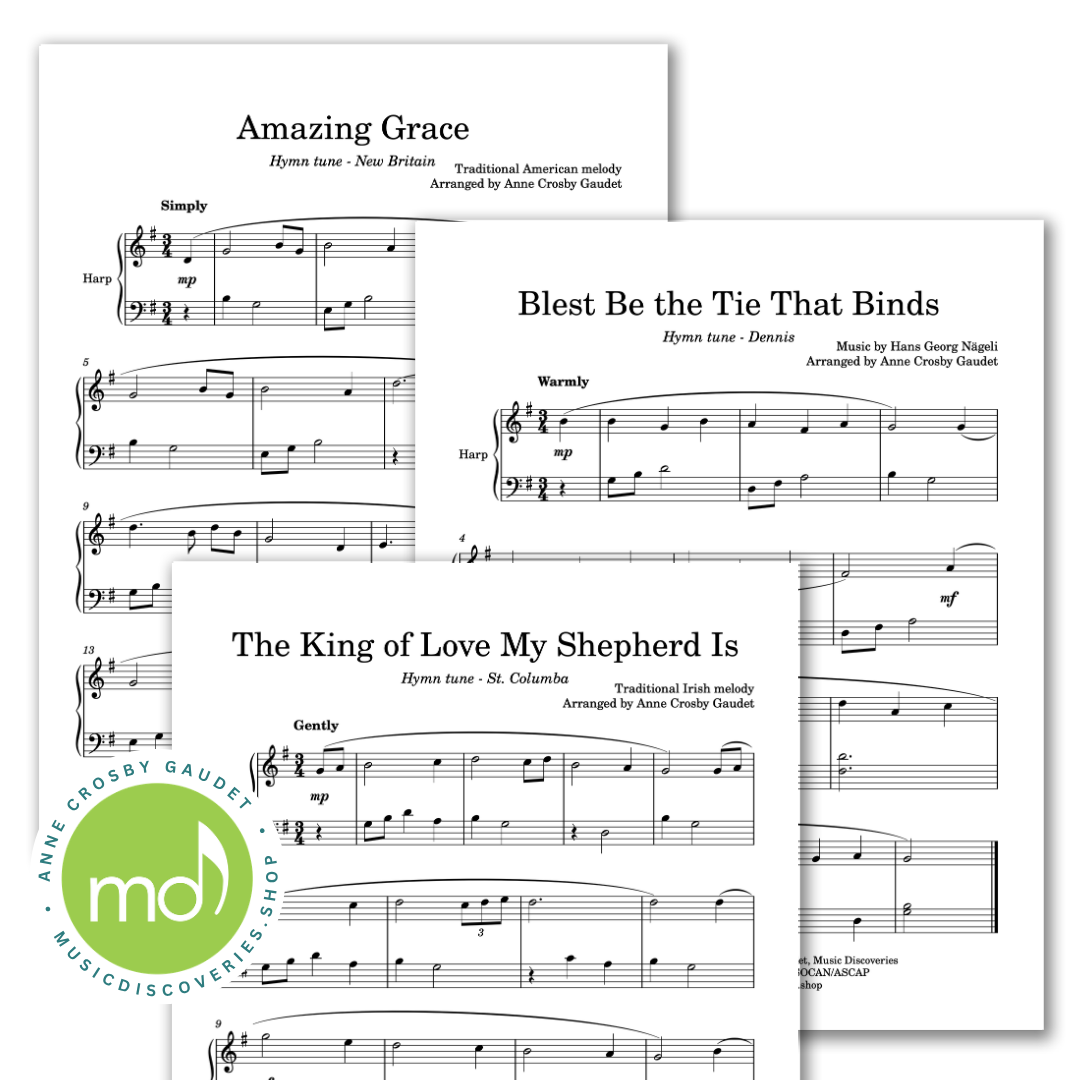 Elementary harp sheet music samples including,  'Amazing Grace,' 'Blest Be the Tie That Bind,' and 'The King of Love My Shepherd Is.