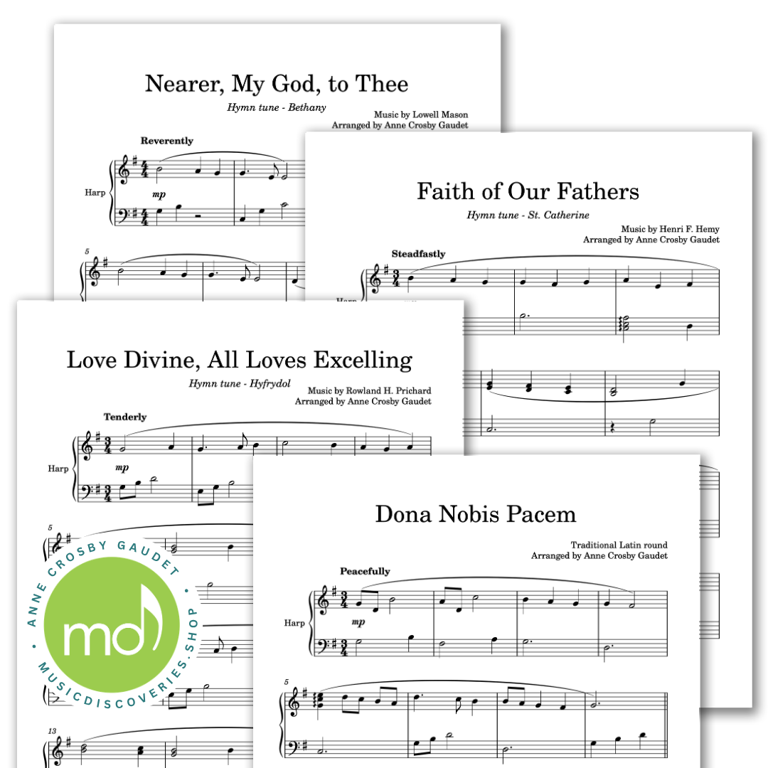 Elementary harp sheet music samples including, "Nearer, My God, to Thee," "Faith of Our Fathers," "Love Divine, All Loves Excelling," and "Dona Nobis Pacem.