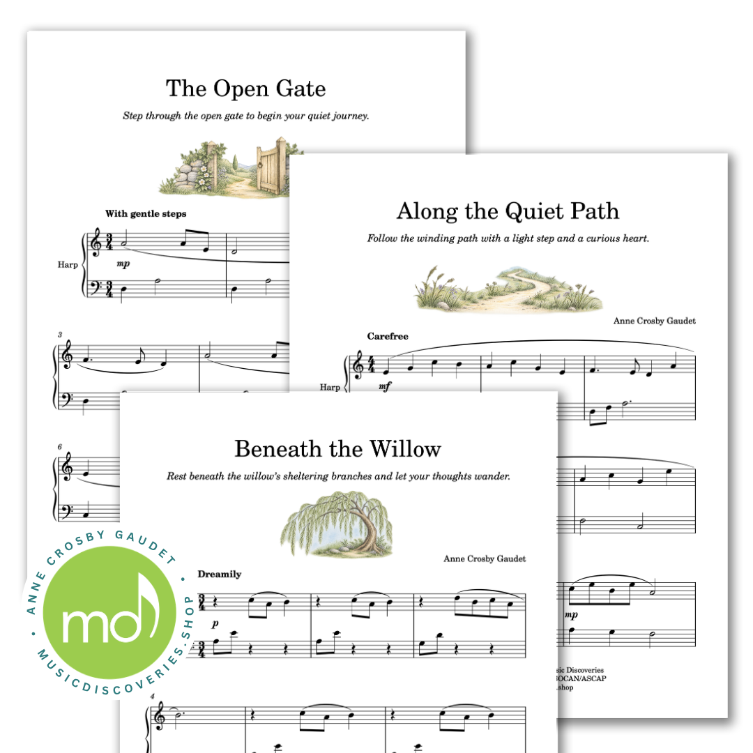 Three printed sheet music pages overlapping on a white background, titled 'The Open Gate,' 'Along the Quiet Path,' and 'Beneath the Willow,' with musical notation and small landscape illustrations. 