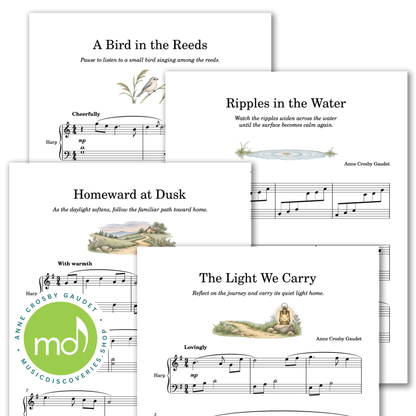 A set of printed sheet music pages fanned out on a white background, including titles such as 'A Bird in the Reeds,' 'Ripples in the Water,' 'Homeward at Dusk,' and 'The Light We Carry,' with musical notation and small landscape illustrations. 