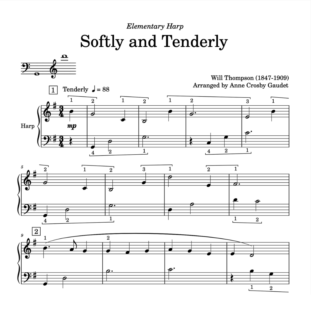 Softly and Tenderly, hymn arranged for elementary harp by Anne Crosby Gaudet