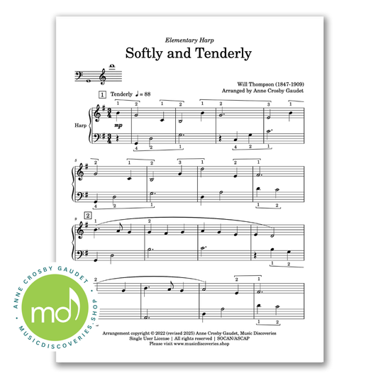 Softly and Tenderly, hymn arranged for elementary harp by Anne Crosby Gaudet