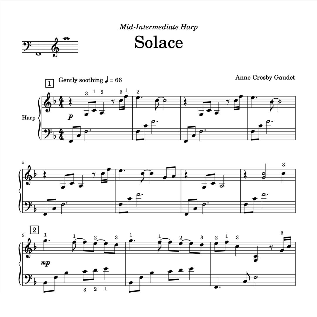 Solace, mid-intermediate harp solo by Anne Crosby Gaudet