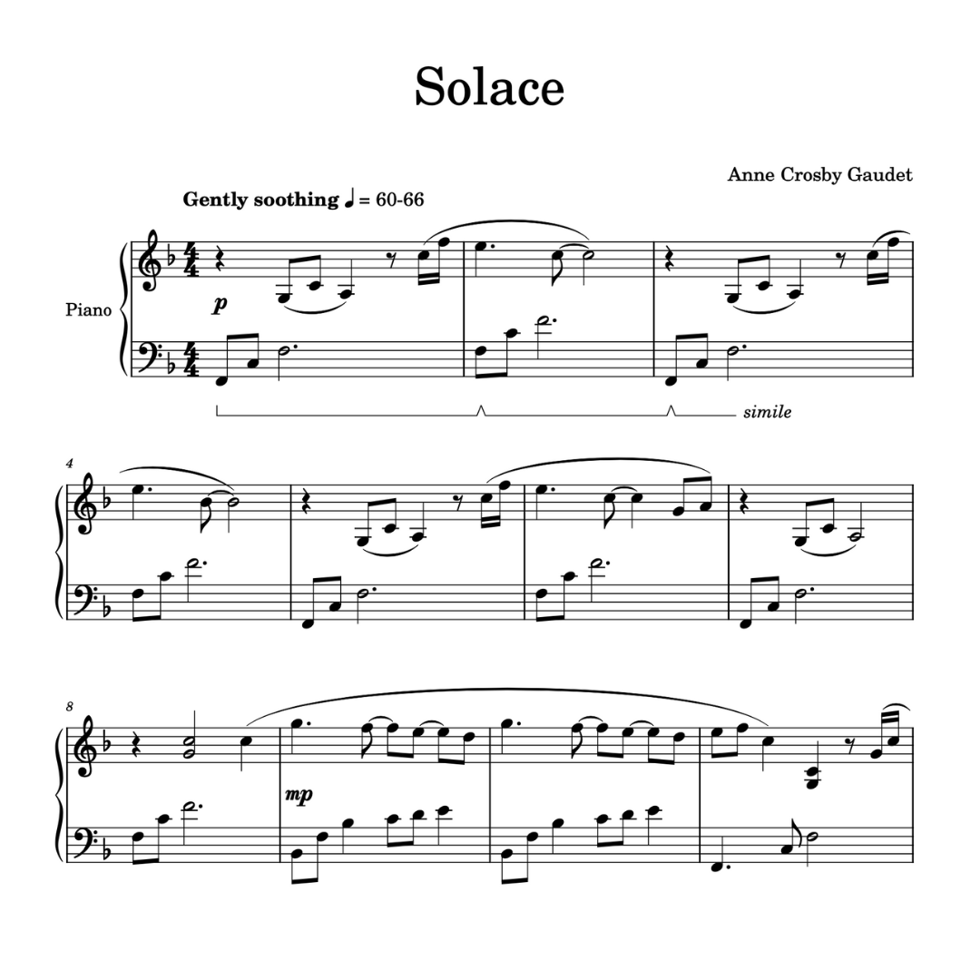 Solace, mid-intermediate piano solo by Anne Crosby Gaudet