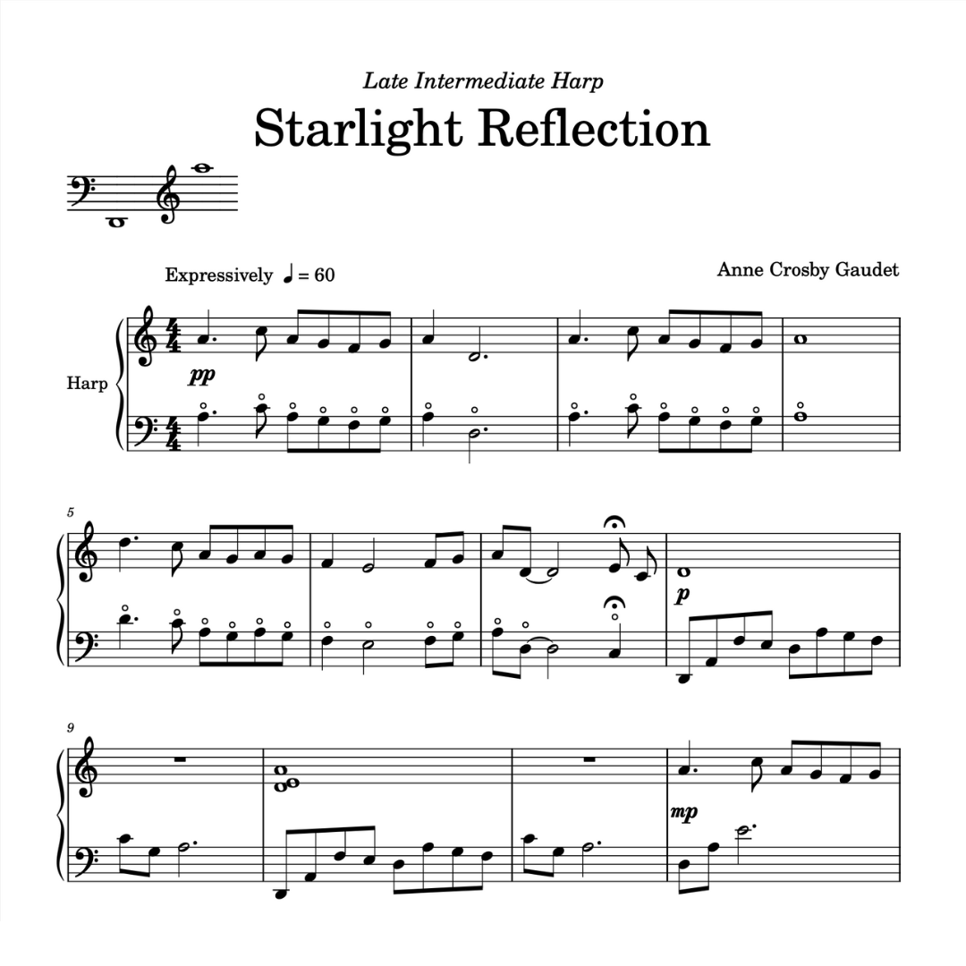 Starlight Reflection, late intermediate harp sheet music by Anne Crosby Gaudet