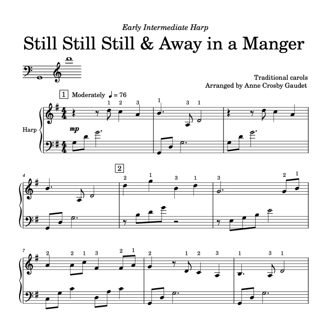 Still Still Still & Away in a Manger, early intermediate harp solo by Anne Crosby Gaudet